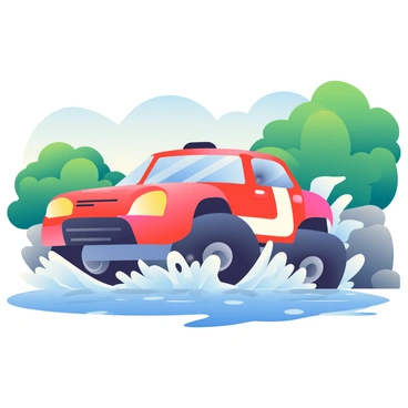 A red rally car with white racing stripes is driving through a shallow river, sending up a dramatic splash of water around it. The car has large, rugged tires that are partially submerged, kicking up droplets as it accelerates through the water. In the background, there are lush green trees lining the riverbank, with a clear blue sky overhead. The water is clear, revealing smooth stones at the riverbed. The car's windows are tinted, and its headlights are turned on, reflecting off the water's surface and creating a sense of motion and excitement.