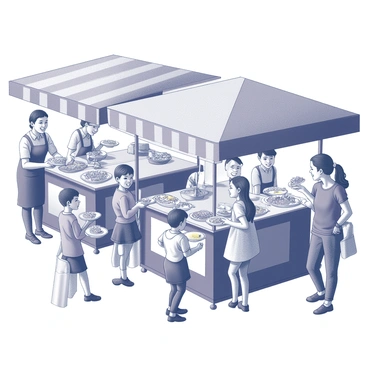 A lively street food market filled with various food vendors. Each vendor has a stall with colorful awnings displaying a variety of dishes. Some vendors are cooking on grills or frying in pans, while others are arranging dishes attractively for display. Customers are gathered around, engaged in conversation and smiling as they hold plates of food. A few children are happily sharing a large portion of noodles, while a couple enjoys spicy skewers from a nearby stand. The scene is vibrant with movement, as people navigate through the market, carrying bags and chatting excitedly.