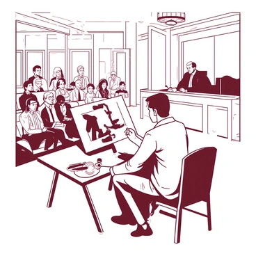 An artist is seated at a wooden easel, sketching a courtroom scene. The artist holds charcoal in one hand and is intently focused on the drawing. In the background, a stern judge is presiding over the courtroom, wearing a black robe and sitting behind a large wooden bench. The judge's gavel rests on the side. To the left, a diverse jury is seated, listening attentively, with expressions of concentration. In the foreground, spectators are seated in wooden benches, some leaning forward with interest. Light from an overhead chandelier casts soft shadows across the room, enhancing the dramatic atmosphere of the scene.