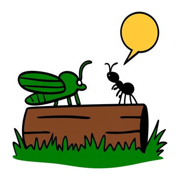 A cicada with green wings and a glossy body is sitting on a brown log. Next to it, a small black ant with tiny legs is looking upward, appearing engaged in conversation. The scene is illuminated by a bright full moon in the night sky, casting gentle light onto the log and the surrounding grass. The cicada has its wings slightly spread, while the ant appears animated, with its antennae raised, suggesting a lively discussion.