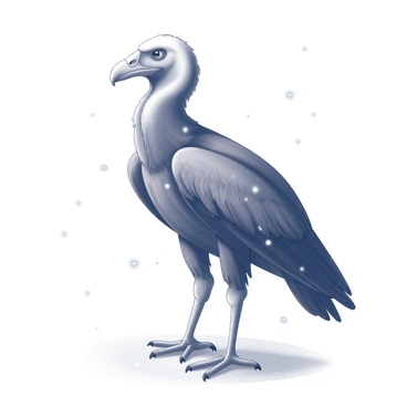 A California condor stands tall on a snow-covered ground. Its large wings are slightly spread, showcasing intricate feather details. The bird's head is prominently displayed, highlighting the unique features such as the bare skin and distinctive beak. The surrounding area features a light dusting of snow, creating a soft contrast against the condor's dark plumage. Snowflakes gently fall around the bird, further emphasizing the cold environment while the condor appears undeterred, radiating a sense of majesty in its stance.