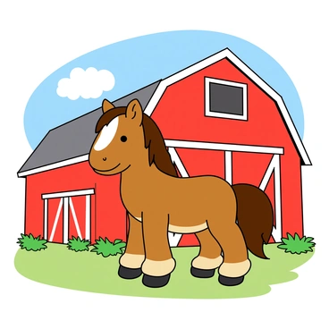 A small, fluffy miniature pony with a shiny brown coat and a white blaze on its forehead is standing beside a vibrant red barn. The pony has a flowing mane and tail that cascade gently, swaying slightly with the breeze. The barn has a classic shape with a sloped roof and white trim around its doors and windows. There are a few green grass patches surrounding the pony and barn, and a blue sky with fluffy white clouds above, creating a cheerful rural scene.