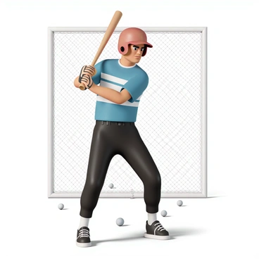 A male baseball player, wearing a blue jersey with white stripes, black baseball pants, and a red helmet, stands inside a batting cage. He grips a wooden bat tightly with both hands, preparing to take a swing. His stance is wide and stable, demonstrating focus and determination. Behind him, the netting of the cage surrounds the area, and in the background, there are scattered baseballs on the ground. Bright lights illuminate the space, casting clear shadows. The player's expression is intense as he concentrates on the pitch.