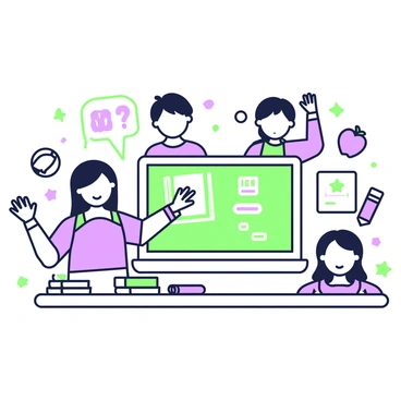 Children in a virtual classroom with animated avatars and interactive lessons