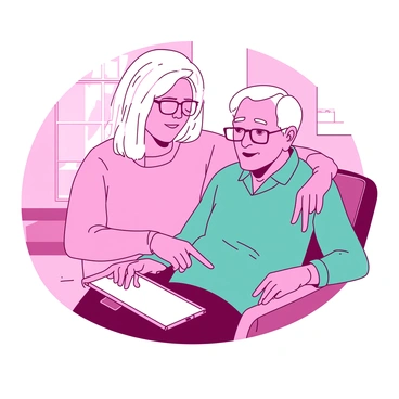 A pink caregiver is sitting beside an elderly man who has white hair and is wearing glasses. The caregiver is demonstrating how to use a teal tablet computer, which is resting on the man's lap. The man is looking attentively at the tablet, with a slight smile on his face. The caregiver is pointing at the screen with her right hand, explaining something to the man. There is a comfortable room setting in the background, with a window letting in soft light.