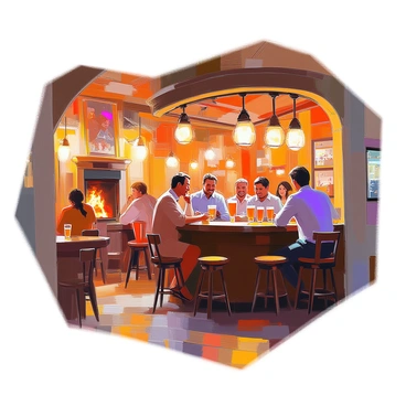 A cozy British pub interior bustling with activity. The warm, wooden furnishings create an inviting atmosphere. Groups of people are scattered throughout the space, some seated at tables and others gathered at the bar, engaged in lively conversation. Patrons are holding pints of ale and glasses of wine as they laugh and share stories. Dim lighting from hanging lamps casts a soft glow over the scene, highlighting the rich textures of the wooden bar and the detailed decor on the walls. A small fireplace in the corner adds a touch of warmth, with a flickering flame visible.