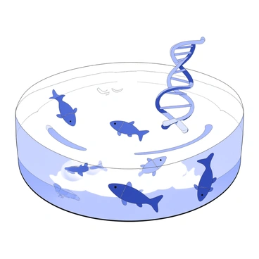 A tranquil pond is depicted, with clear water reflecting its surroundings. Floating on the surface are intricate DNA helixes, their double strands spiraling gracefully. Below the water, a variety of fish can be seen, each fish exhibiting distinct shapes and patterns as they swim. The fish are interacting with one another, showcasing a dynamic display of movement. Additionally, subtle ripples can be observed on the water's surface, suggesting a gentle breeze.