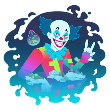 A clown with exaggerated, sinister features, including a wide, menacing smile and sharp, angular eyebrows. Its face is painted in vibrant colors, with deep shadows emphasizing its unsettling grin. The clown is emerging from a dark, swirling mist that symbolizes a child's nightmare, surrounded by distorted toys and shadows of fear. Its costume is a patchwork of bright colors, but with tattered edges, giving it an eerie appearance. In the background, there are hints of a child's room, with a bed and scattered plush toys, creating a stark contrast to the frightening presence of the clown.
