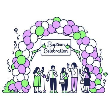 A large arch made of pastel-colored balloons at the entrance of a baptism party