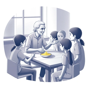 An elderly family member is seated at a wooden table, surrounded by younger family members. They are holding a bowl filled with haldi, a yellow turmeric powder, and gesturing expressively as they speak. The elderly person's face shows a sense of wisdom and warmth, with wrinkles that tell the stories of the past. The younger generation listens intently, their expressions a mix of curiosity and respect. The room is filled with traditional decor, showcasing cultural artifacts that signify heritage. The sunlight streams in through a nearby window, casting soft shadows around the gathering.
