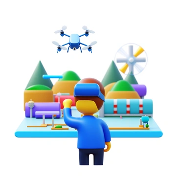 A person wearing a modern VR headset with a sleek design. The individual is focused and engaged, using hand controllers to maneuver a small drone. The drone is hovering mid-air, displaying intricate details with lights and cameras. Surrounding the person is a vibrant virtual training environment, filled with digital landscapes and interactive elements, showcasing various obstacles and targets that the drone can navigate. The person stands in a dynamic pose, clearly immersed in the simulation.