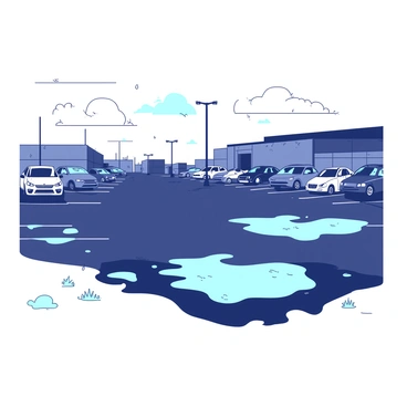 A large parking lot with rainwater gathering in large puddles