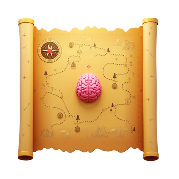 A treasure map with a human brain at the center as the final destination