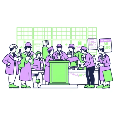 A historic trading floor bustling with activity. The scene features a large open room filled with traders in period-appropriate attire, including waistcoats and bowler hats. Men and women are engaged in animated discussions, some holding papers and shouting bids. In the center, a large wooden podium stands with a trading clerk recording transactions. Around the room, prominent displays showcase stock prices and financial information. The atmosphere is lively, with groups of traders gathered around tables covered with charts and graphs. Large windows allow natural light to flood the space, illuminating the busy trading environment.