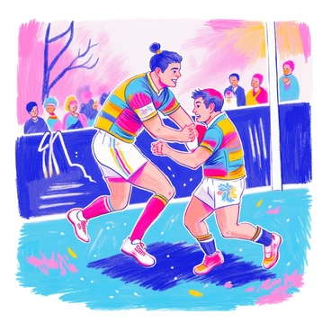 A rugby player is captured mid-air executing a tackle. He is wearing a vibrant jersey with bold colors, showing the team's emblem on the front. His muscles are defined, illustrating strength and athleticism. The player's legs are bent at the knees, and his arms are extended forward as he reaches for his opponent. The opposing player, also in a colorful jersey, is in a defensive posture, with one arm raised to shield himself. The scene conveys a sense of dynamic movement, with the grass below visible and some spectators in the blurred background watching the action unfold.