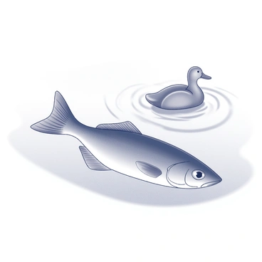 A walleye swimming just beneath the surface of the water, its streamlined body visible as it glides gracefully. The water is calm, allowing for clear visibility of the fish's characteristics, including its elongated shape and streamlined fins. Above the walleye, a duck is paddling along, creating gentle ripples on the surface. The duck's wings are slightly spread, and its body is positioned in a horizontal manner as it moves, leaving a subtle trail in the water. The overall scene captures the interaction between the aquatic life below and the bird above in a peaceful, natural environment.