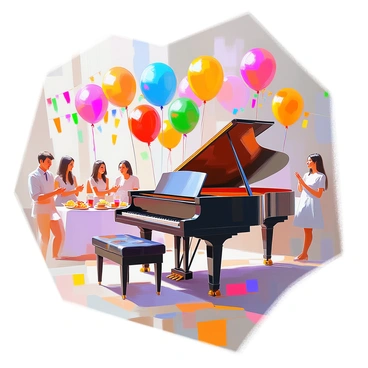 A vibrant scene featuring a grand piano with polished black wood, positioned at the center of a lively party setting. Surrounding the piano are numerous colorful balloons in various shapes and sizes, including red, blue, yellow, and green. Some balloons are tied to the piano, while others seem to float freely above it. The background includes festive decorations, with streamers hanging from the ceiling and a table nearby adorned with snacks and drinks. Several party guests can be seen in the background, enjoying the celebration.