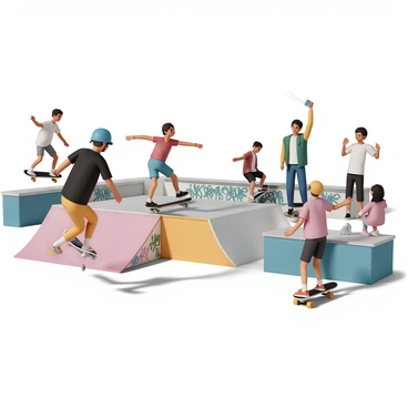 A diverse group of young individuals, wearing colorful skateboarding gear, are engaged in skateboarding and performing tricks at a lively skatepark. One person, a male wearing a blue helmet and black t-shirt, is executing an impressive jump off a ramp. Another person, a female clad in a red tank top and denim shorts, is sliding down a rail on her skateboard with confidence. In the background, a third person wearing a green jacket is about to land a trick on a half-pipe, while spectators cheer and take videos. The skatepark is filled with ramps, graffiti-covered walls, and bright sunlight illuminating the scene.