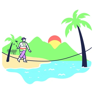 A tightrope walker crossing high above a picturesque tropical beach