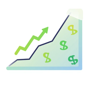A large graph is prominently displayed in the center, with a steep upward slope. The graph is outlined in a dark color, and the lines are bold and clear. Green arrows are positioned along the graph, pointing upwards to indicate growth. Scattered throughout the graph are various dollar signs in a bright shade of green, emphasizing the financial theme. The background is a soft gradient, moving from light green at the bottom to a deeper green at the top, creating a sense of upward movement.