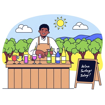 A wine merchant is standing behind a rustic wooden stand at a countryside vineyard. The stand is adorned with bottles of wine displaying colorful labels. The merchant is wearing a simple white shirt with rolled-up sleeves and an apron. In front of the stand, there are small glasses set out for tastings, filled with rich red and sparkling white wine. The vineyard is lush with green grapevines stretching into the background. The sun is shining, casting warm light over the scene. A small chalkboard sign next to the stand reads “Wine Tastings Today!” in clear lettering.