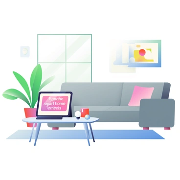 A living room features a modern design with a comfortable gray sofa positioned near a large window allowing natural light to fill the space. On the coffee table, there is a Samsung tablet displaying "smart home controls" on its large screen. The tablet is sleek and black, resting on a stylish stand. Surrounding the tablet are various smart home devices including a smart speaker and a set of smart light bulbs. A vibrant green plant sits in the corner, and a soft area rug lies beneath the coffee table, adding warmth to the room. The walls are adorned with minimalistic artwork, enhancing the contemporary feel of the living area.