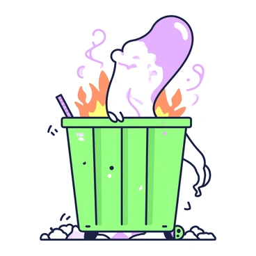 A ghostly figure is emerging from the flames of a dumpster. The figure is semi-transparent with wisps of smoke curling around it. The dumpster is rusted and weathered, with open lids revealing bright orange flames. Shadows flicker across the surroundings as the fire illuminates the scene. Ashes and debris are scattered around the base of the dumpster. The night sky is visible above, adding a sense of depth to the image.