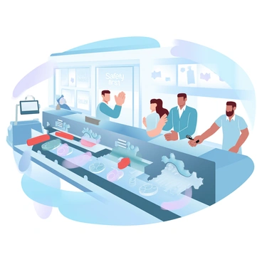 A factory assembly line is filled with workers in uniforms, each focused on their tasks. Machines with moving parts are positioned along the line, assembling products with precision. Workers are using tools and equipment, collaborating efficiently in the busy environment. Bright lights illuminate the space, and large windows allow natural light to stream in. Various components are being passed along the conveyor belt, highlighting the ongoing production process. "Safety first" signs are visible on the walls, emphasizing the importance of a safe working environment.