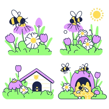 A bumblebee is shown flying above a vibrant flower garden. The bee has a fuzzy body with distinct bands and is collecting nectar from a large purple flower. Nearby, there are multiple flowers in bloom, including daisies and tulips, with various shapes and sizes. The sun is shining brightly, casting soft shadows on the ground. 

In the next illustration, the bumblebee is seen resting on a petal, cleaning its legs. The background includes lush green leaves and more flowers, creating a lively garden atmosphere. 

Another scene depicts the bumblebee returning to the hive, which is nestled among the grass. The hive is detailed with hexagonal shapes, and the entrance is busy with other bees coming and going. 

The final illustration shows the bumblebee inside the hive, surrounded by hexagonal honeycomb cells filled with honey and larvae. Bees are busy working, with some tending to the young while others are storing pollen.