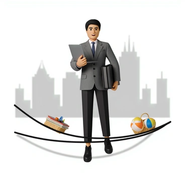 A person with medium skin tone and short black hair is standing on a tightrope. They are dressed in business casual attire, wearing a fitted gray blazer and dark trousers. On their left side, they are balancing several work items, including a laptop, a stack of documents, and a briefcase. On their right side, there is a small picnic basket, a book, and a beach ball. The background shows a blurred city skyline, enhancing the contrast between work and leisure. The person's expression is focused and determined as they maintain their balance on the tightrope.