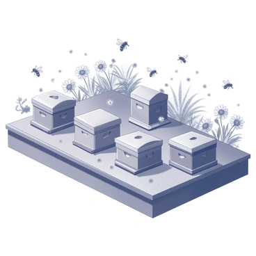 A rooftop scene featuring a variety of beehives arranged neatly across the surface. The beehives have distinct shapes and designs, creating a playful, organized layout. Bees are depicted in motion as they fly around the rooftop, busy in their activity. The surrounding area is filled with various types of flowers, each with intricate details like petals and leaves, creating a vibrant environment. The overall composition showcases the interaction between the beehives and the flowers, emphasizing the harmony of nature in an urban setting.