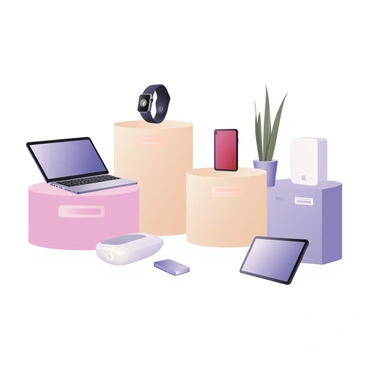 A digital flat illustration showcasing a sleek product gallery. The gallery features a modern display with a white background. There are five distinct products displayed on pedestals: a shiny silver laptop, a stylish black smartwatch, a vibrant red smartphone, a sleek white wireless speaker, and a compact gray tablet. Each product is labeled with its name in a clear, modern font. Underneath each item, there are concise descriptions in smaller text. The gallery has soft shadows beneath the pedestals, adding depth to the presentation. A few decorative plants in the background enhance the aesthetic without distracting from the products.