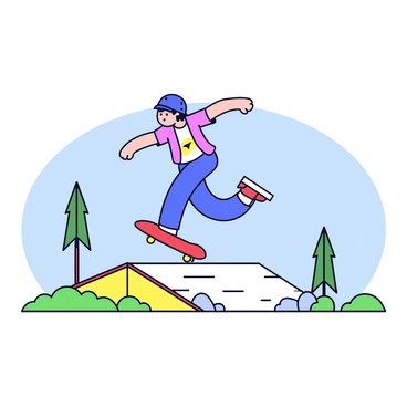 A skateboarder with a blue helmet and a red skateboard is launching off a wooden ramp. The skateboarder is mid-air with one leg extended and arms outstretched for balance. Below the ramp, there are green grass and a few scattered rocks. In the background, there are tall trees and a clear blue sky.