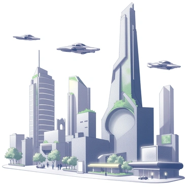 A futuristic cityscape with soaring skyscrapers featuring unique and bold architectural designs. The buildings have large, panoramic windows and intricate details, with greenery incorporated into the structures. In the sky, several flying cars maneuver between the buildings, showcasing streamlined designs and glowing lights. The scene is bustling with activity, and there are large digital billboards displaying advertisements, adding to the lively atmosphere. The ground level shows a network of walkways and parks where people are engaging with one another, surrounded by innovative public transport systems.