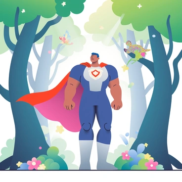 A superhero character with a muscular build and a bright red cape is standing tall in the center of a mystical forest. Their costume is a combination of blue and silver, featuring a prominent emblem on the chest. The forest is dense with tall, ancient trees that have twisting trunks and vibrant green leaves. Surrounding the superhero are various magical creatures, including a small dragon with iridescent scales perched on a branch, and a pair of glowing fairies fluttering nearby. Soft beams of light filter through the foliage, illuminating the scene with a gentle glow. The ground is covered with colorful flowers and patches of moss, enhancing the enchanting atmosphere of the forest.