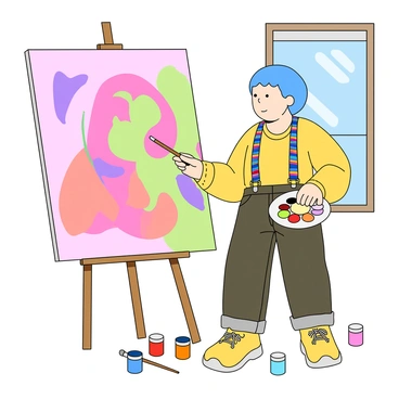 A person standing in front of a large canvas, painting a self-portrait. The individual has light skin and short, dyed blue hair, wearing a bright yellow shirt and multicolored suspenders. Their expression shows concentration as they hold a brush in one hand, and a palette filled with vibrant colors in the other. The canvas depicts a colorful abstract representation of their gender identity, with swirling shapes in pink, purple, and green. Various art supplies are scattered around on the floor, including paint tubes and brushes. A bright light source from a nearby window illuminates the scene, enhancing the vivid colors.
