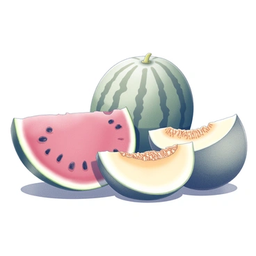 A collection of melons arranged together. The large watermelon is sliced open to reveal its juicy red flesh and dark seeds, with a thick green rind surrounding it. Beside it, a cantaloupe is cut in half, showcasing its orange interior and textured rind. The honeydew melon is also sliced, displaying its pale green flesh and smooth surface. The melons are placed on a light-colored surface, highlighting their contrasting textures and shapes.