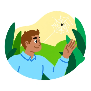 A person with an expression of curiosity is calmly observing a spider spinning a delicate web. The individual has short brown hair and is wearing a light blue shirt. The spider is in the center of the web, showcasing its intricate, glistening threads. The background features lush green plants that frame the scene, while soft sunlight filters through the leaves, creating a warm ambiance. The person is leaning slightly forward, highlighting their interest in the tiny marvel before them.