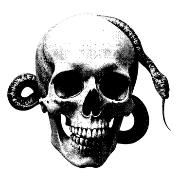A menacing skull is positioned centrally, featuring hollow eye sockets that are wide and dark. A snake, with intricate scales, is weaving smoothly through the eye sockets, its body coiling around the skull. The snake's tongue flicks out as it peers out from one eye socket, creating a sense of movement. The skull has rough textures and shadows that enhance its intimidating appearance, and the snake's elongated body contrasts with the stillness of the skull.