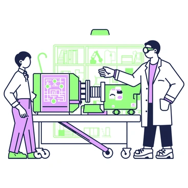 An engineering student watching a senior engineer demonstrate equipment in a lab.