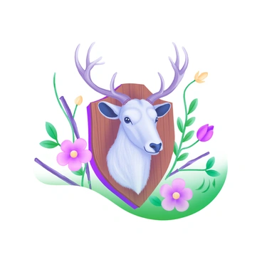 A wildlife trophy display featuring a large, detailed animal head as its centerpiece. The animal head is mounted on a wooden plaque, showcasing intricate fur textures and realistic features. Surrounding the plaque are various decorative elements, such as leaves and small flowers in pastel colors. The background includes subtle hints of grass and branches, enhancing the natural theme of the display.