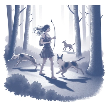 A depiction of "Artemis" in a dense forest, surrounded by tall trees and thick underbrush. She is dressed in a traditional hunting attire, complete with a quiver of arrows slung over her shoulder. Her hair flows freely as she moves gracefully through the foliage. Around her are several "hunting hounds," alert and focused, with their ears perked and tails held high, closely following her lead. In the distance, a "mythical creature," partially obscured by the trees, is attempting to escape, showcasing features such as a sleek body and distinct markings. The atmosphere is filled with a sense of motion and urgency as the scene unfolds in the verdant wilderness.