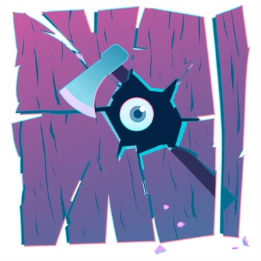 An axe with a metallic blade embedded in a wooden door, splintering the wood around the impact point. The door has cracks radiating from the axe, creating a dramatic effect. Through the jagged break, a single, frightened eye is visible, wide open with fear and surprise. The texture of the wood is rough, with visible wood grains and shavings falling to the ground. The background is dimly lit, enhancing the intensity of the moment.