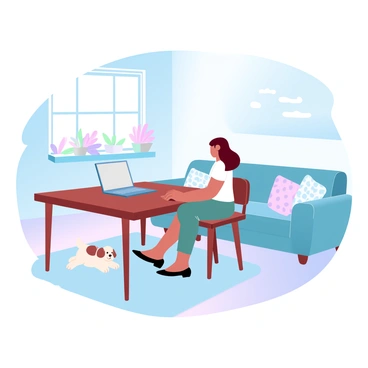 An illustrator is seated at a wooden desk with a laptop in front of them, focused on their work. The living room is filled with natural light streaming through large windows, illuminating colorful plants on the windowsill. A cozy couch is visible in the background, adorned with patterned cushions. Beside the illustrator, a small fluffy dog is resting peacefully on a soft rug, adding warmth to the scene. The walls are painted in a light, inviting shade, enhancing the cheerful atmosphere of the room.