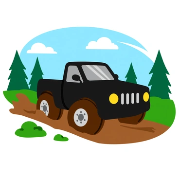 A black off-road truck is navigating through a muddy trail, with large, rugged tires churning up splashes of brown dirt around them. The truck's shiny finish contrasts with the dull, muddy environment. Thick trees and greenery flank the trail, hinting at a dense forest nearby. Mud droplets are captured mid-air as they scatter from the spinning wheels, showcasing the ruggedness of the terrain. The truck's headlights are on, illuminating the path ahead, while the sky above is partially cloudy, suggesting an adventurous day ahead.