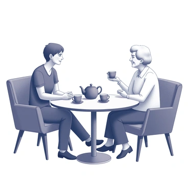 A table set for two, featuring a teapot and two cups. One cup is being held by a middle-aged adult, while the other sits in front of an elderly individual, who has a gentle smile. Both are seated in comfortable chairs, engaged in conversation. The setting includes soft lighting and a few decorative items on the table, creating a cozy atmosphere around them.