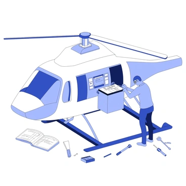 A technician is installing a helicopter battery pack in the aircraft. The technician is wearing safety goggles and gloves, focusing intently on the battery compartment. The helicopter is on a maintenance platform, and various tools are scattered around. The battery pack is large, with multiple connection points, and the technician is connecting wiring to the terminals. The cockpit can be seen in the background, with control panels and switches visible. There are also maintenance manuals laid out nearby, providing reference for the installation process.