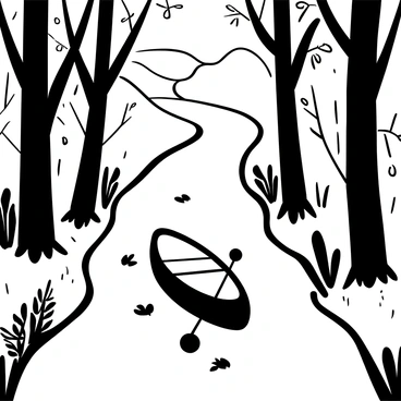 A canoe gliding through a narrow, winding waterway surrounded by a dense forest. Tall trees with textured bark line the banks, their branches arching overhead, creating a natural canopy. The water is calm and reflects the shapes of the trees. Leaves are intricately depicted, some falling gently onto the surface of the water. The canoe is detailed, revealing paddles resting inside, while the forest is filled with various types of foliage, enhancing the sense of immersion in nature.