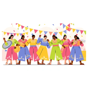 A group of women in colorful traditional dresses, each adorned with intricate patterns and accessories, are dancing together in a lively formation. Some women hold musical instruments, such as drums and flutes, while others clap their hands in rhythm. The setting features vibrant decorations and banners that reflect the cultural festival theme. In the background, a festive crowd is gathered, enjoying the performances. The atmosphere is filled with joy and excitement, with colorful confetti falling from above as the women celebrate their heritage.