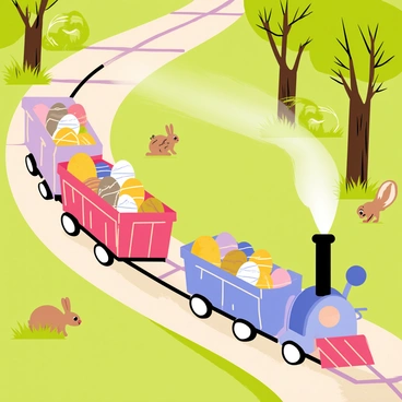 A miniature train with bright red and blue cars travels along a winding track through a lush green forest. Each car is filled with colorful baskets overflowing with shiny chocolate eggs in various hues of gold, silver, and pastel colors. The train puffs out white smoke as it moves forward, and small trees with thick trunks and vibrant leaves line the sides of the track. Sunlight filters through the branches, casting playful shadows on the ground. A few curious animals, such as rabbits and squirrels, peek out from the bushes, watching the train pass by.